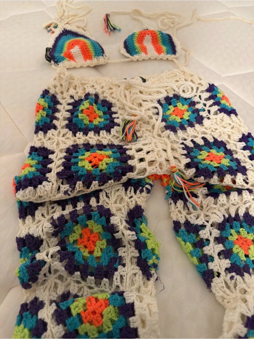 Handmade Cream Crochet Kids Pants with Rainbow Accent